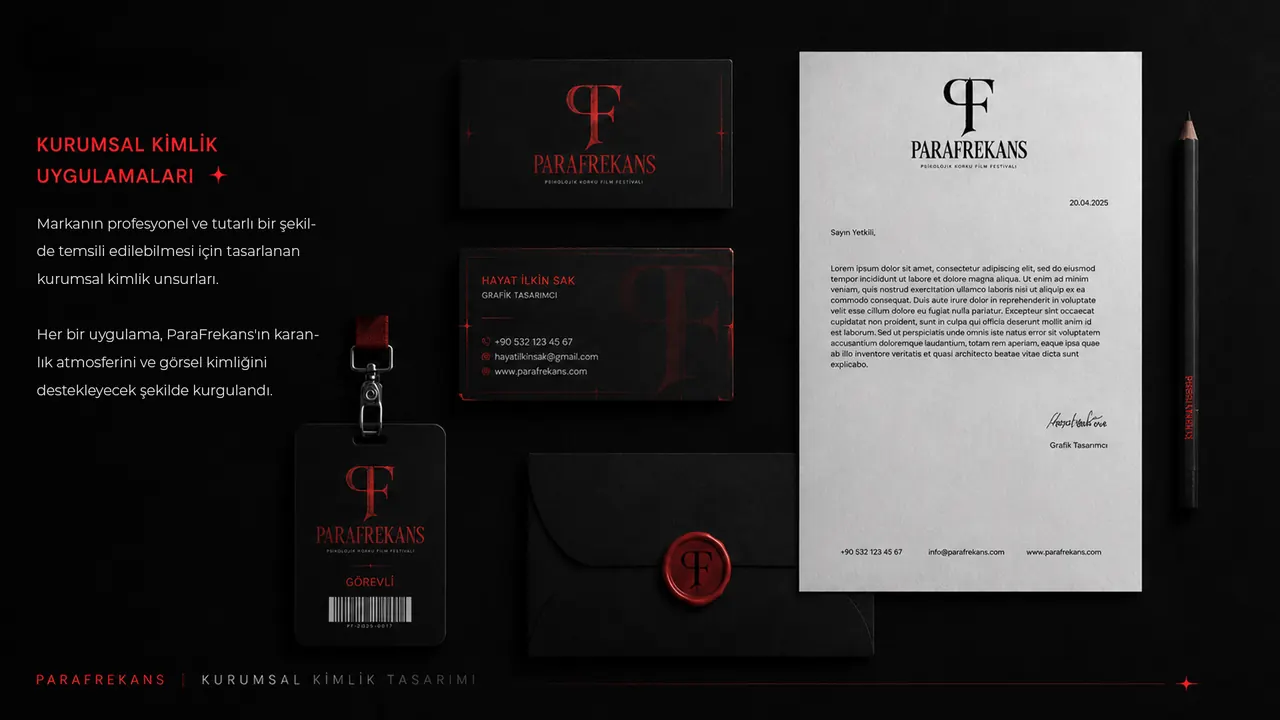 ParaFrekans kurumsal kimlik uygulamaları — kartvizit, antetli kağıt, yaka kartı ve zarf mockup'ları